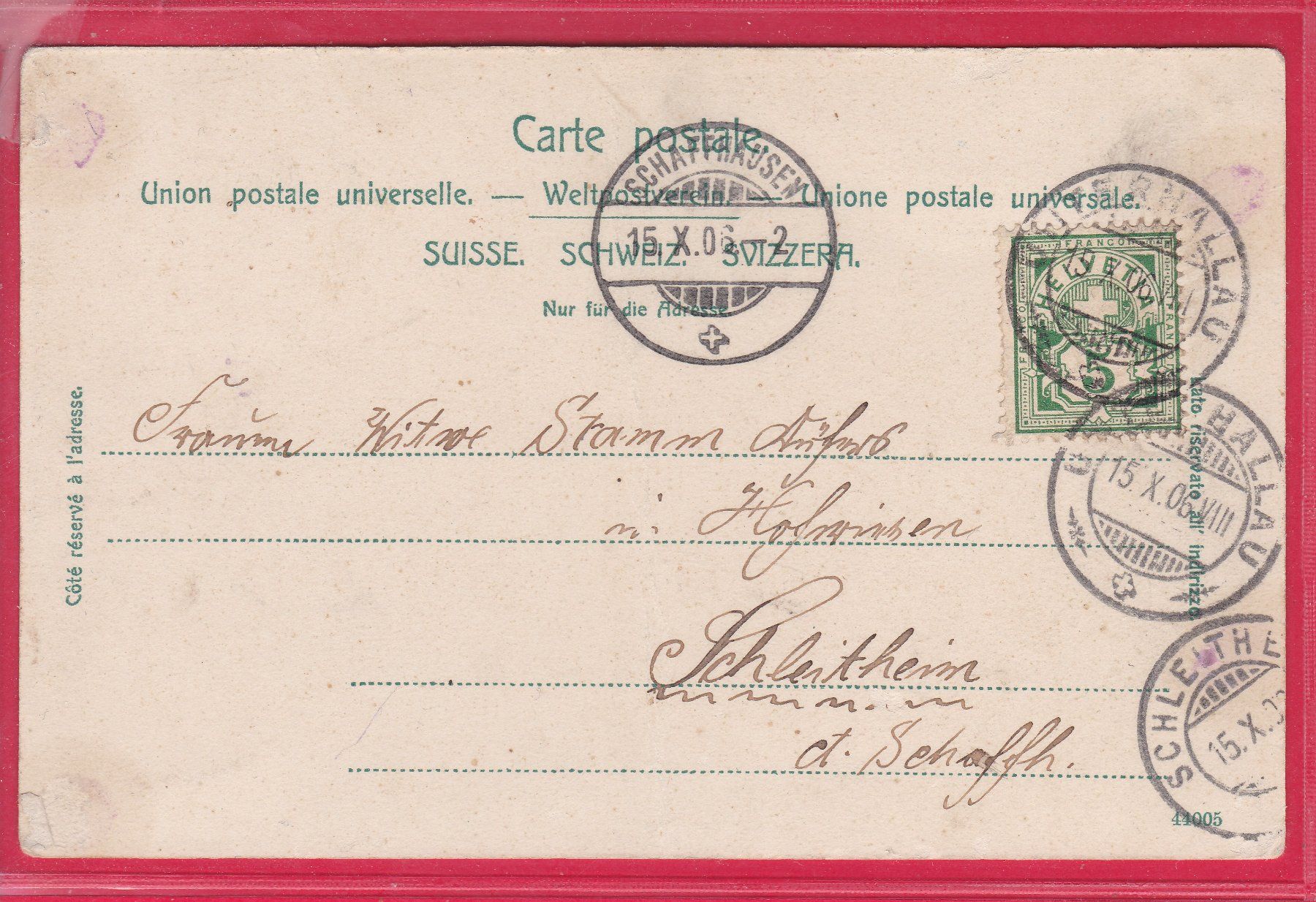 Cartoline postali: HALLAU, 15.10.1906 – Usato da Oberrieden venduto da Gebirgsstelze 1