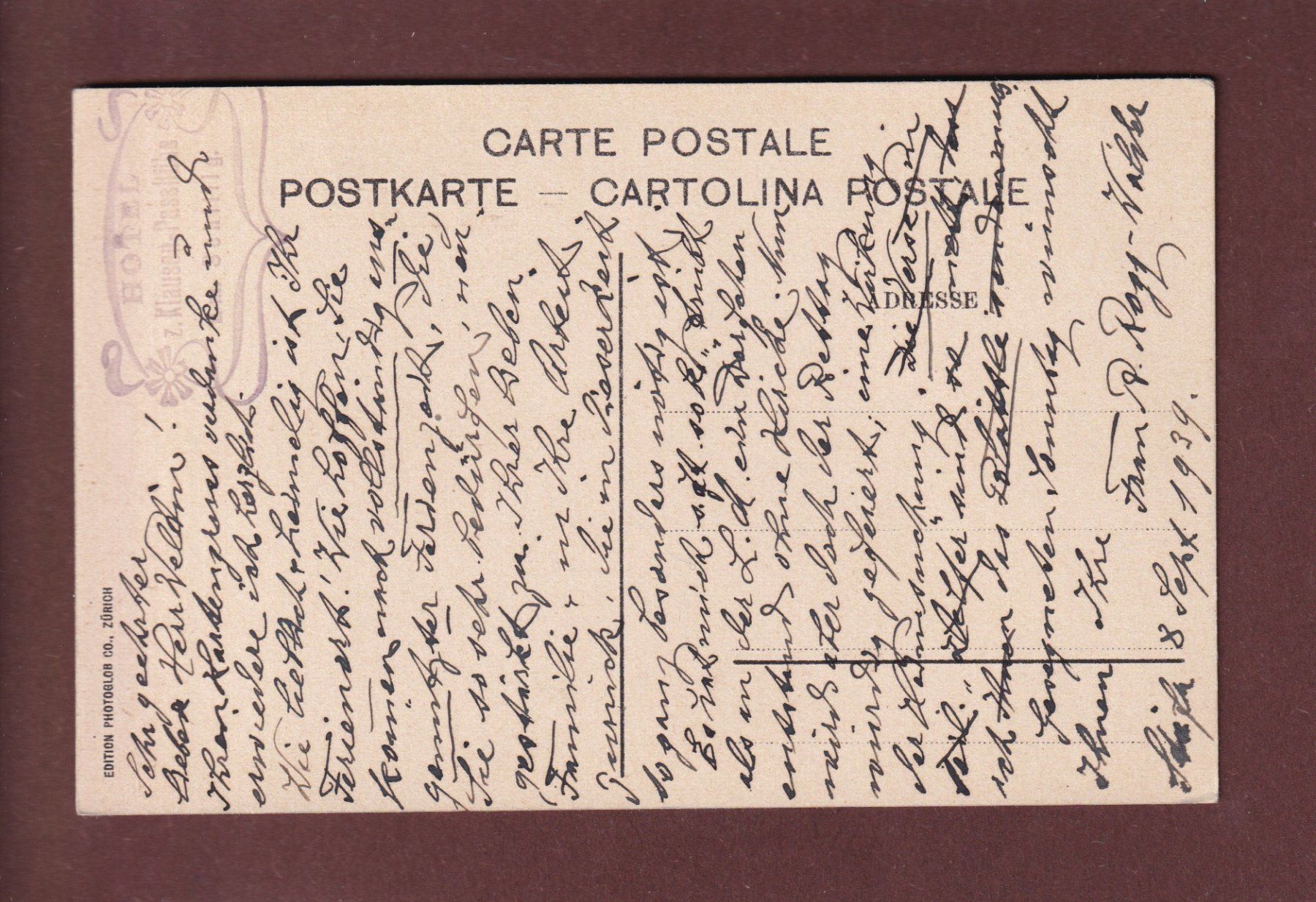 Cartoline postali: Hotel KLAUSEN-PASSHÖHE - Scheerhorn - 1939 – Usato da Pully venduto da nicecards 1