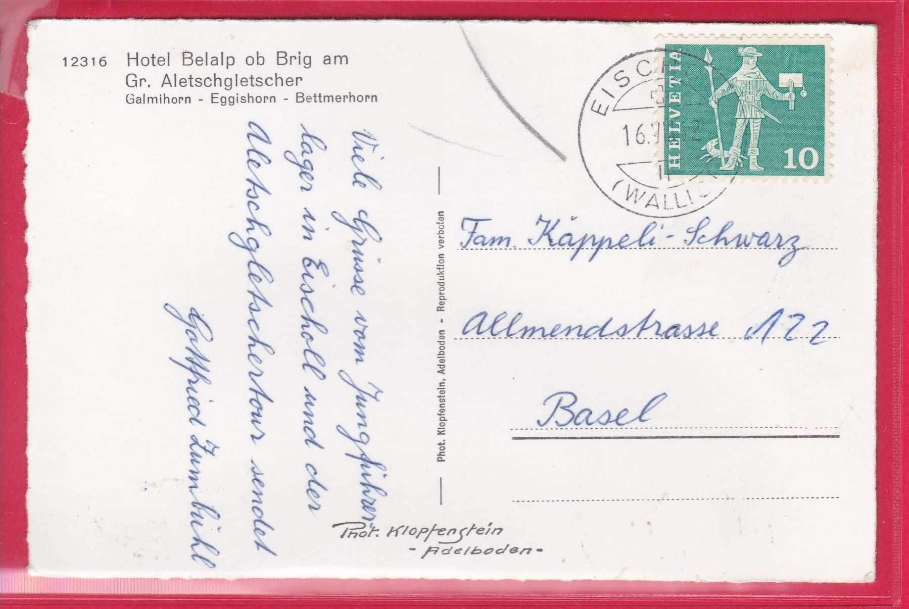 Cartes postales: GROSSER ALETSCHGLETSCHER, 6.8.1962 – D'occasion à Oberrieden par Gebirgsstelze 1
