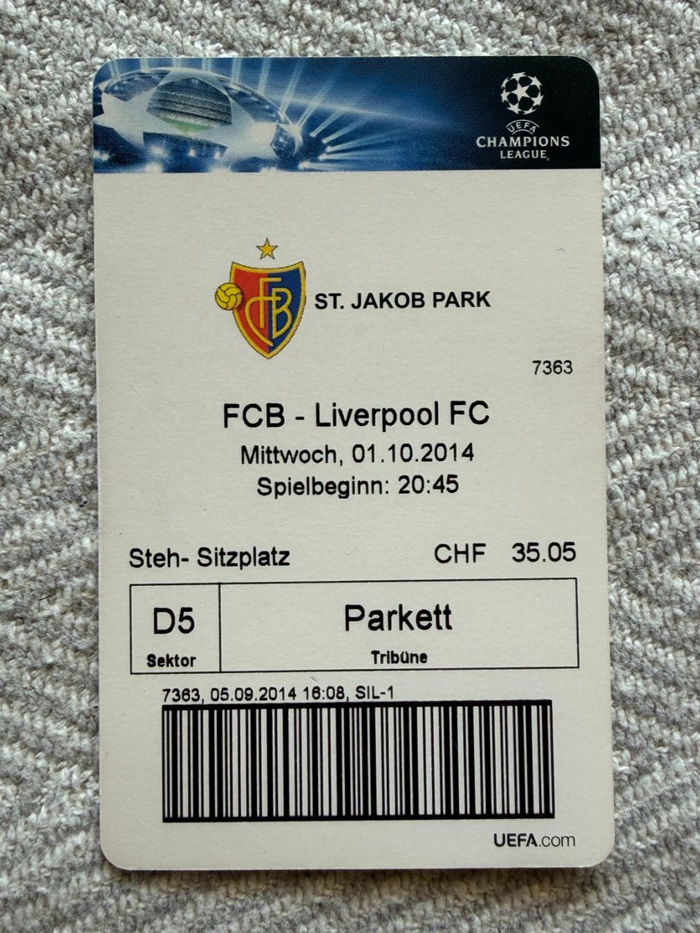 Tickets: FC BASEL - Liverpool FC / CL / 01.10.2014 – Gebraucht aus Aarberg von umearocks