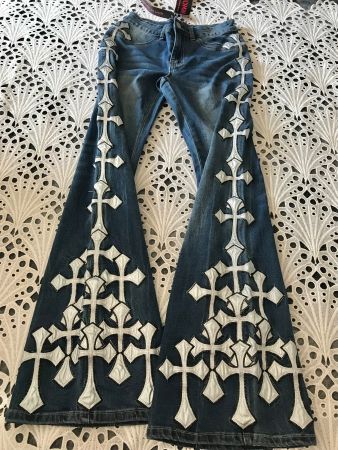 Damen Schlaghose Jean Hose mit gesticktes Kreuzmuster NEU *