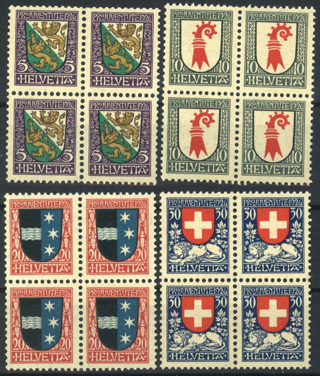 Alle Briefmarken: 1926, Pro Juventute, Viererblöcke ** – Gebraucht aus Willisau von Vollstempel