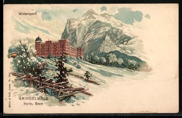 Cartoline postali: Litho Grindelwald, Hotel Baer im Schnee – Usato da Berlin venduto da bartko-reher