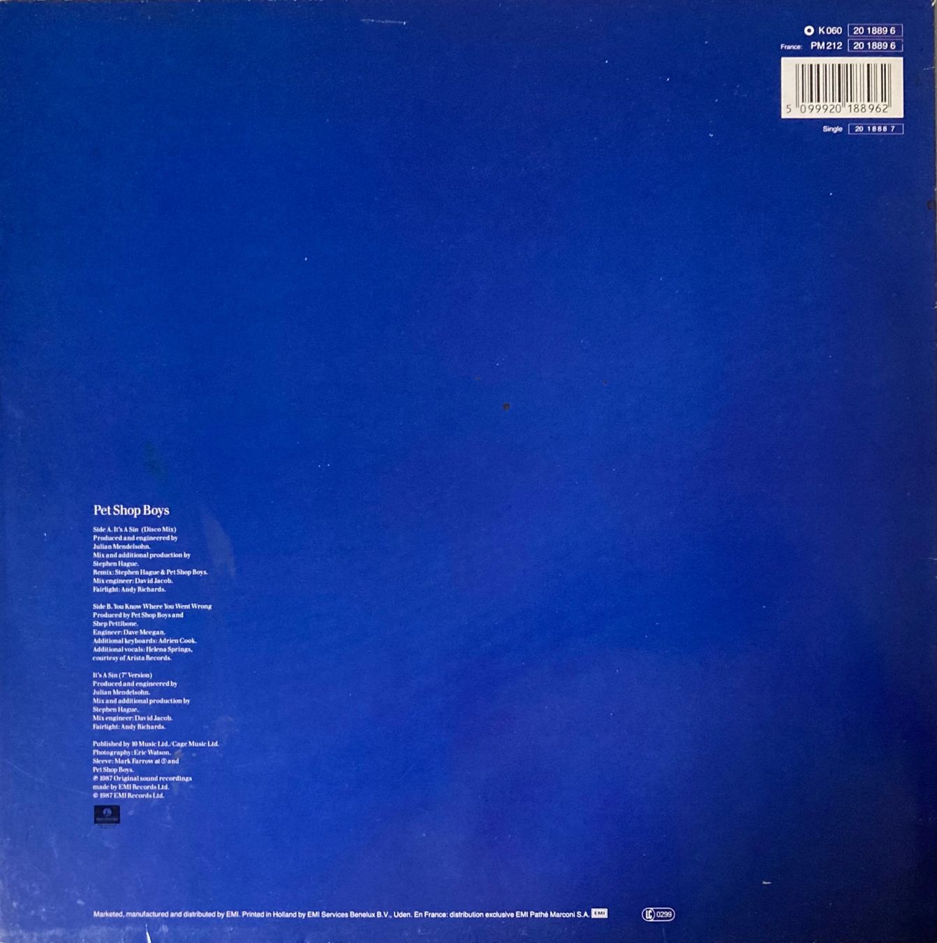 Vinyles: PET SHOP BOYS - IT'S A SIN – D'occasion à Poliez-Pittet par Newtown-Records 1