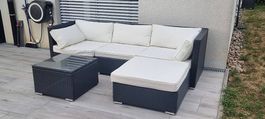 Gartenlounge 4-Sitzer, Rattan Schwarz, Bezügen in Cremeweiss