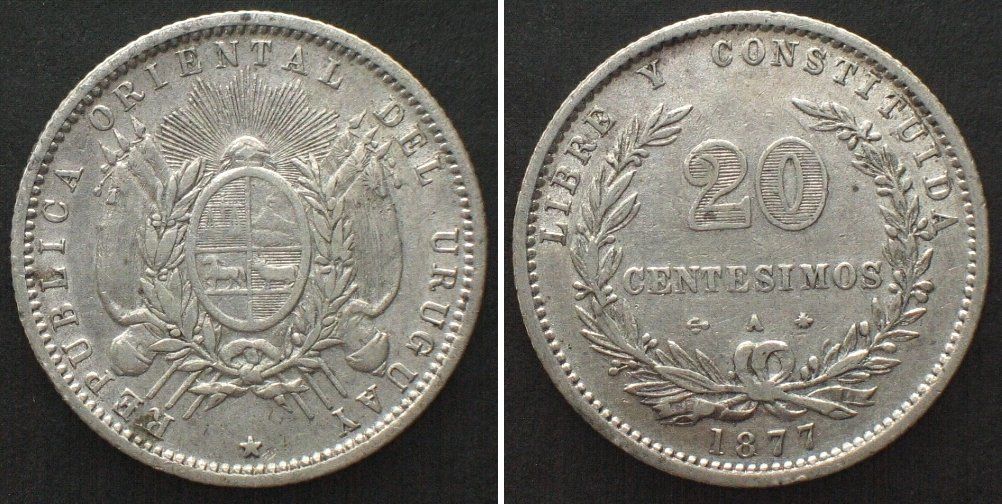 Tutti le monete: URUGUAY 20 Centesimos 1877 A, Silber vz – Usato da Riehen venduto da sesambestcoins2004