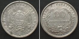 URUGUAY 20 Centesimos 1877 A, Silber vz