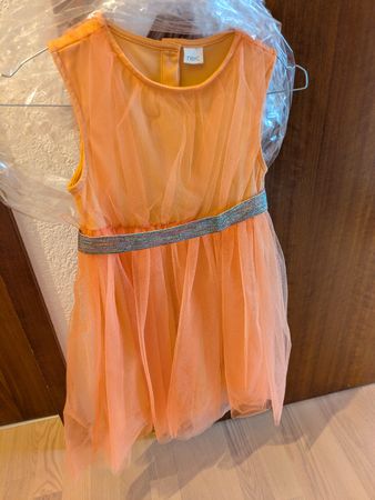 Robe de fête orange, T 116, 5-6 ans, avec petit gilet