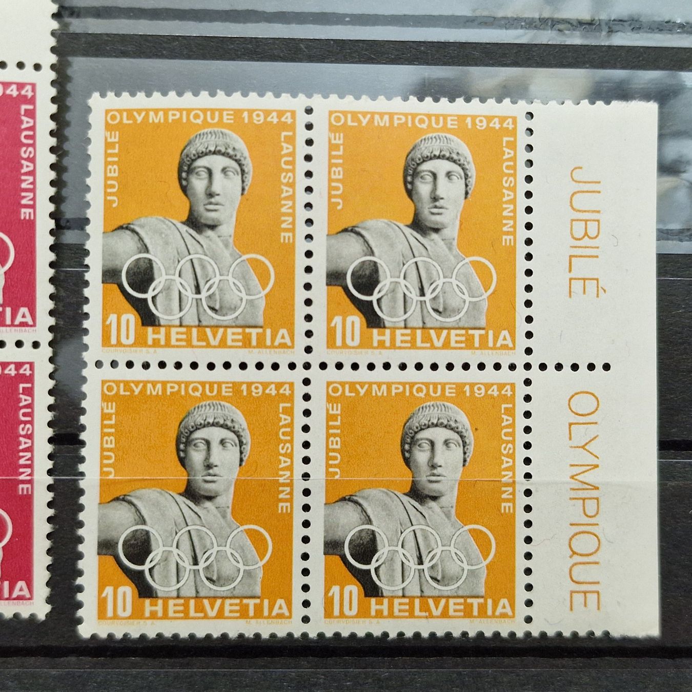 Tutti i francobolli: CH 1944 "50 J. Internat. Olymp. Komitee" 4-er Blocks + TAB – Usato da Aesch LU venduto da briefmarken.uray 2