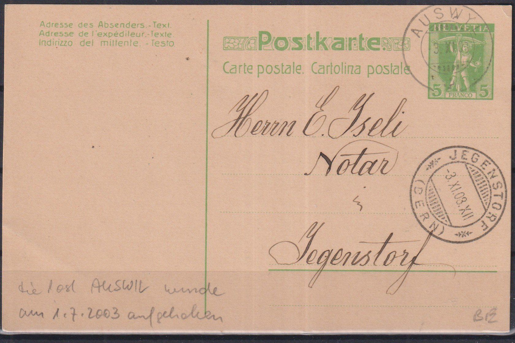 Tutti i francobolli: D68) Postkarte Stempel Auswil – Usato da Claro venduto da Chanty7