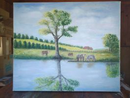 Gemälde Kuh Landschaft mit See neu ungebraucht 60x50cm