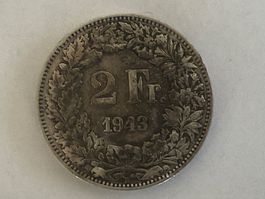 2 Franken 1943..Silber..gebrauchter Zustand..siehe Scan