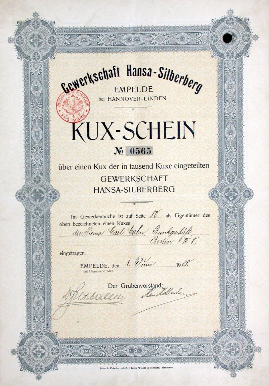 Documenti: Gewerkschaft Hansa-Silberberg, Empelde - 1908 – Usato da Solothurn venduto da Sgasche