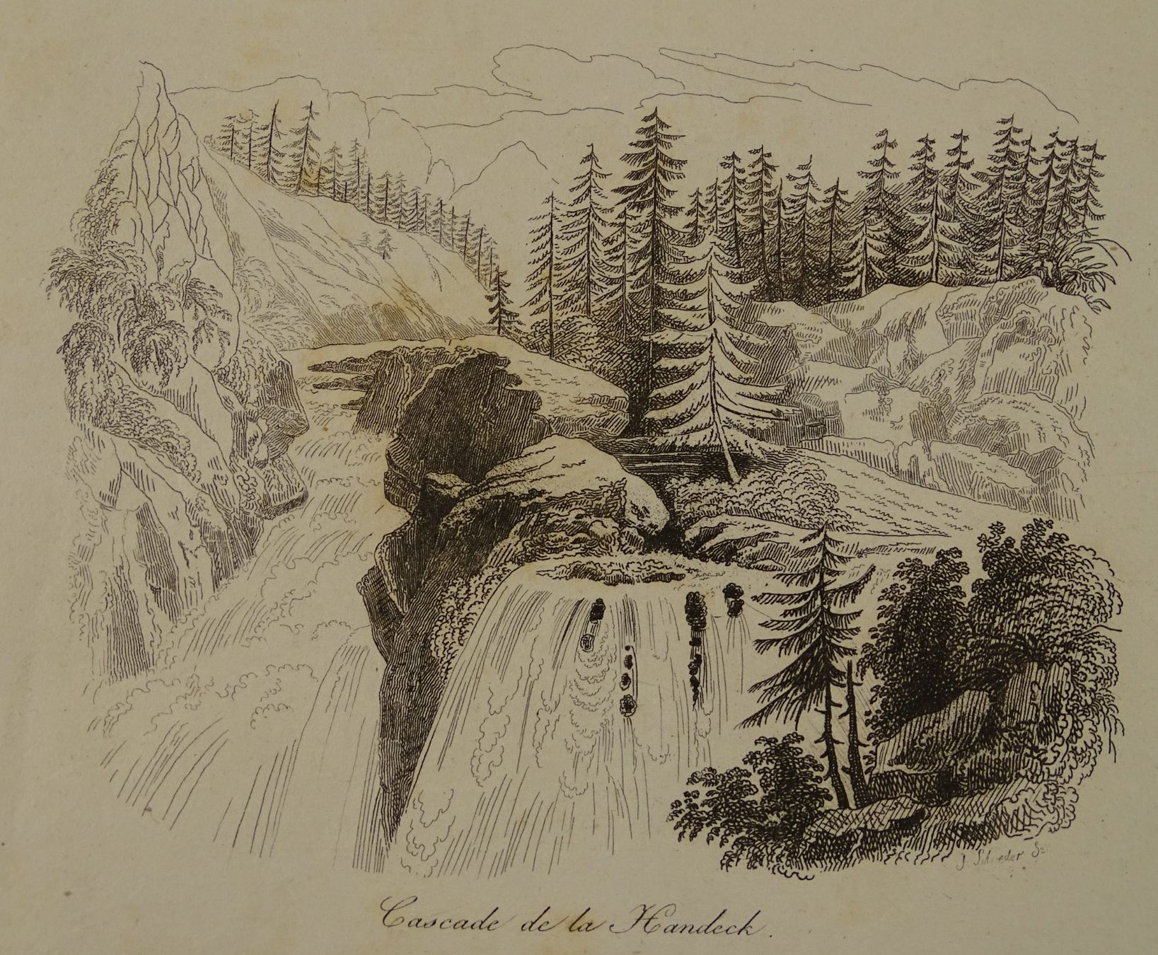 Incisioni: HANDECK WASSERFALL, BERN, STAHLSTICH 1836 – Usato da Grüningen venduto da Kartensammler