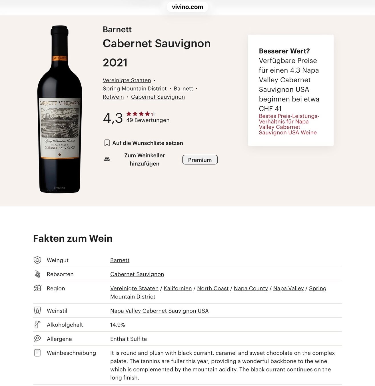 Vino: Barnett Cabernet Sauvignon 2021 91 Parker-Punkte! – Nuovo (secondo la descrizione) da Oberdorf BL venduto da Rn3959 3