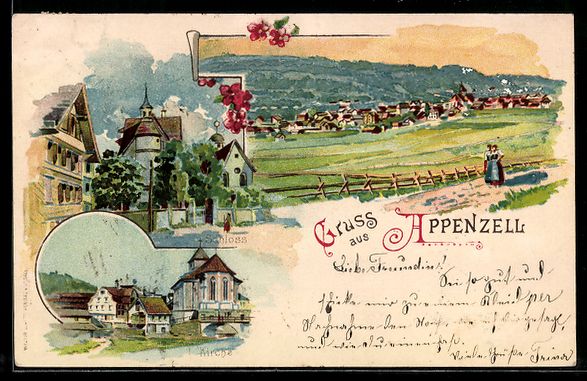 Cartoline postali: Litho Appenzell, Schloss, Kirche und Ort – Usato da Berlin venduto da bartko-reher