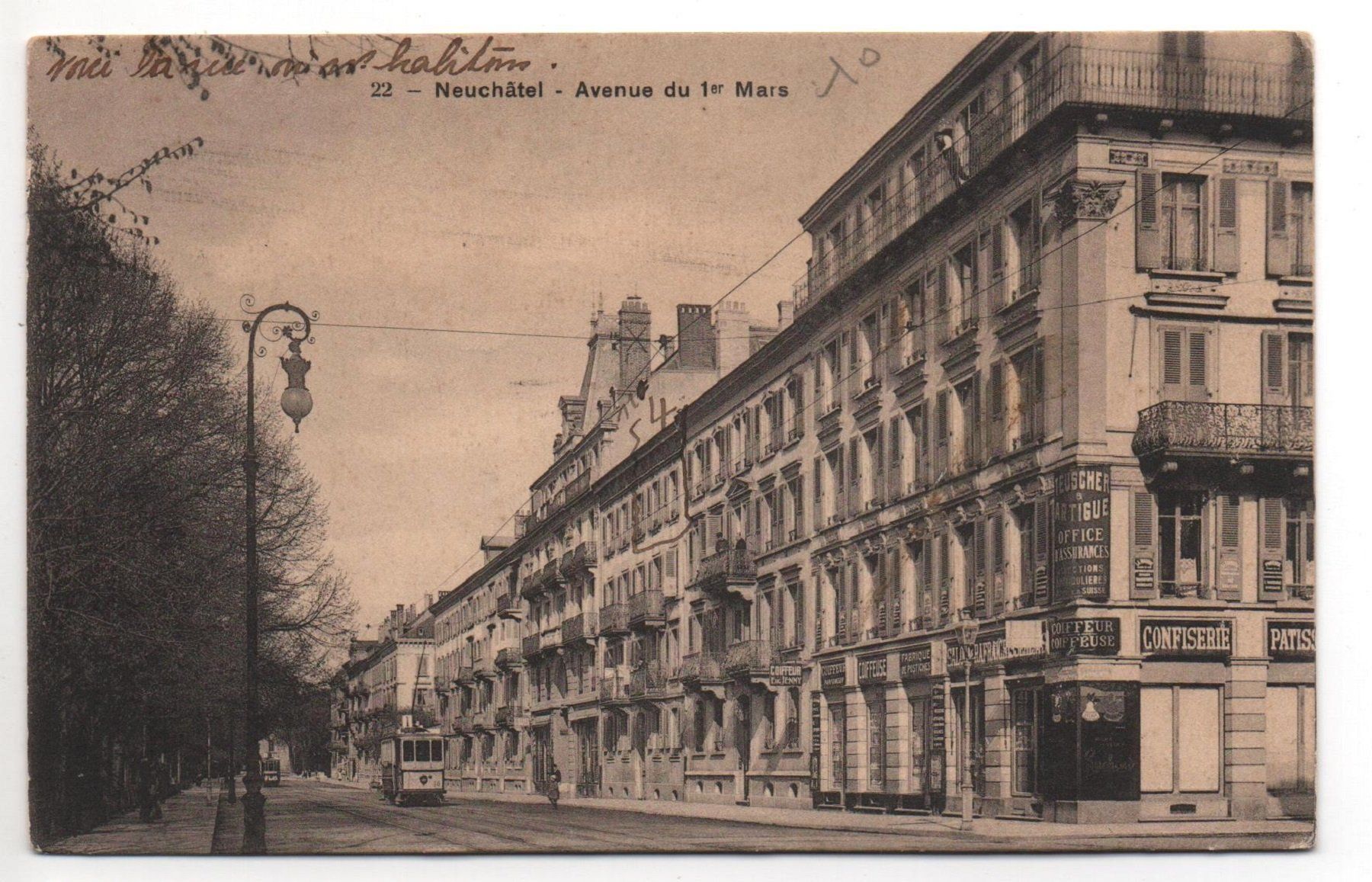 Cartoline postali: NEUCHÂTEL Avenue du 1er Mars, Tramway – Usato da Jona venduto da philajona