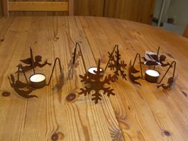 3 Teelicht-Halter, Engel-Motiv, Metall, rustikal