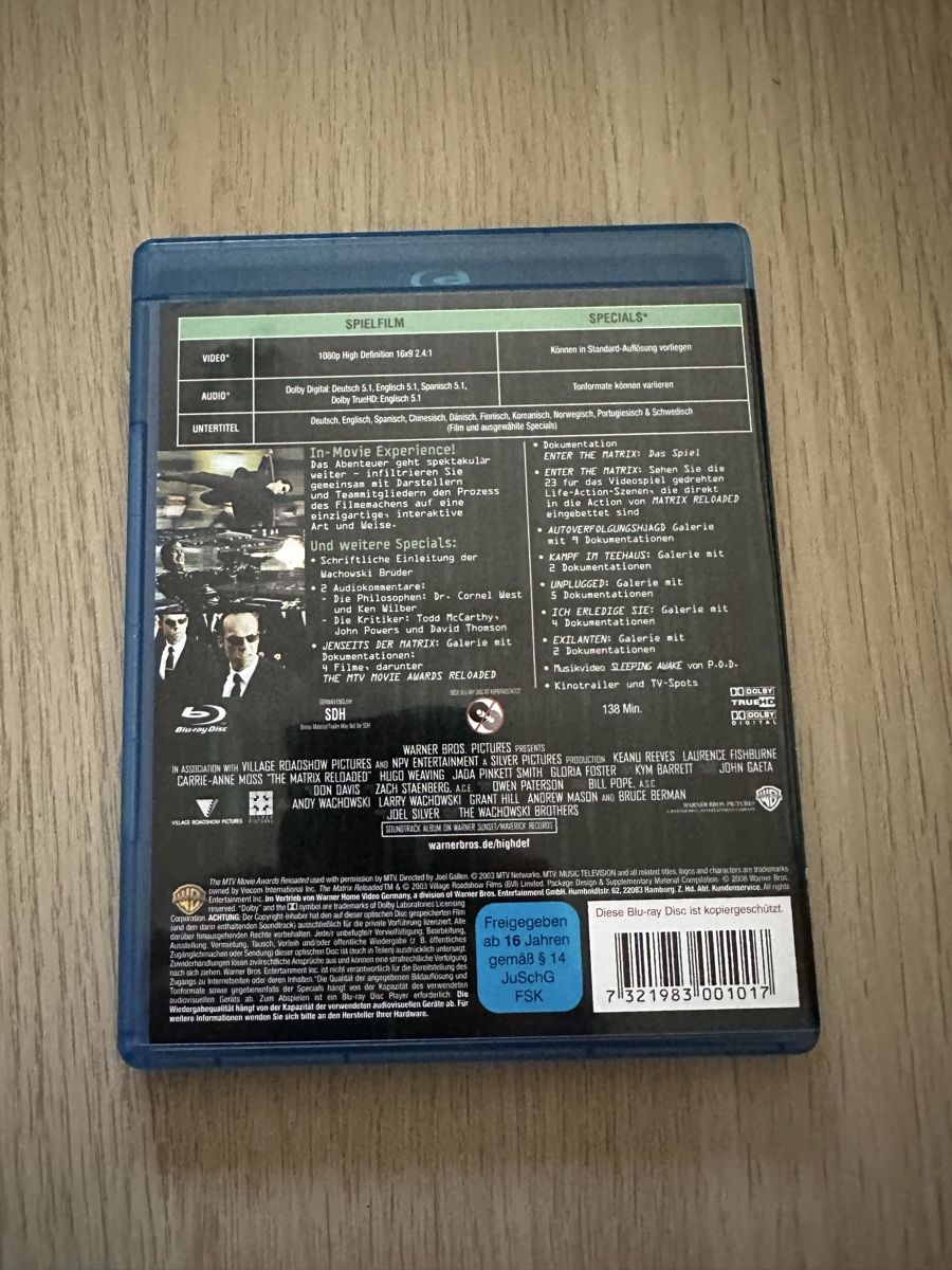 Tutti i DVDs: Matrix Reloaded Blu-ray Film – Usato da Hombrechtikon venduto da baersandro 1