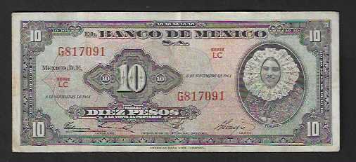 Banconote: Mexico  10  Pesos  1961  Gebraucht – Usato da Gordola venduto da coinsandnotes
