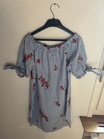 Summer Dress, Blue Stripes, Rose Embroidery, Size M