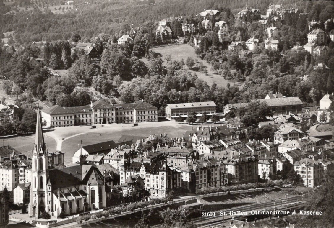 Cartoline postali: St. Gallen Kaserne mit Othmarskirche und Rosenberg. – Usato da St. Gallen venduto da Epu