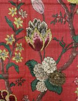 Vintage Stoff Voll-Leinen, Äste und Blumen rot