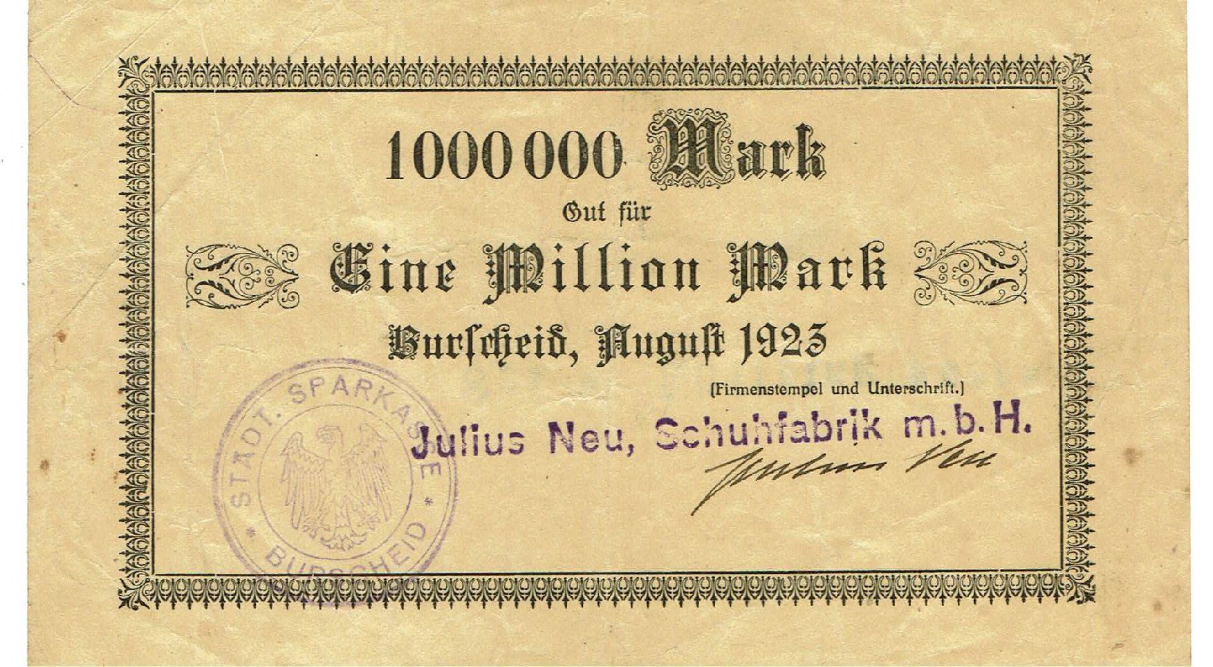 Billets de banque: Burscheid 1 Mil.Mark+Stempel 08.1923 SS+-SS++ – D'occasion à Steffisburg par ber_8htf