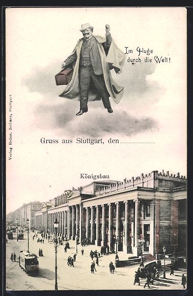 Cartoline postali: Stuttgart, Fliegender Mann über dem K – Usato da Berlin venduto da bartko-reher