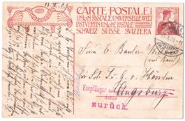 Roter Augsburg-Zurück/Retour-Stempel auf PK 1909 von Basel