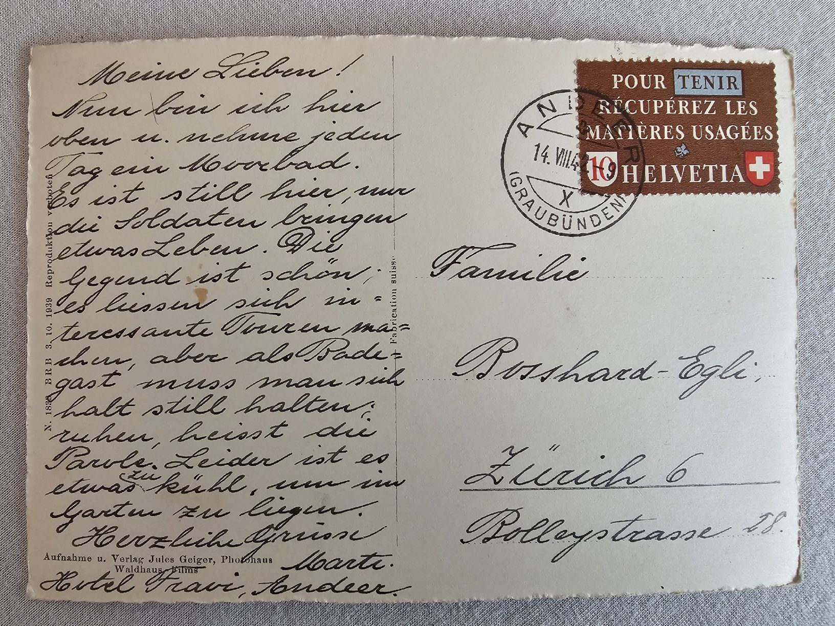 Ansichtskarten: Ansichtskarte Andeer Graubünden 1942 – Gebraucht aus Bütschwil von Taranabo 1