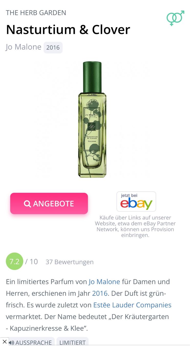 Jo Malone Profumi & Eau de Toilette: Jo Malone NASTURTIUM CLOVER Cologne Duftprobe 2ML, limitiert – Usato da Zürich venduto da deruja 2