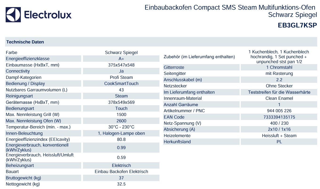 Electrolux Forni: 041 Electrolux Einbau Multifunktions Ofen/Steamer 38x55cm – Nuovo e nell'imballaggio originale da Derendingen venduto da Meisterstuecke 2