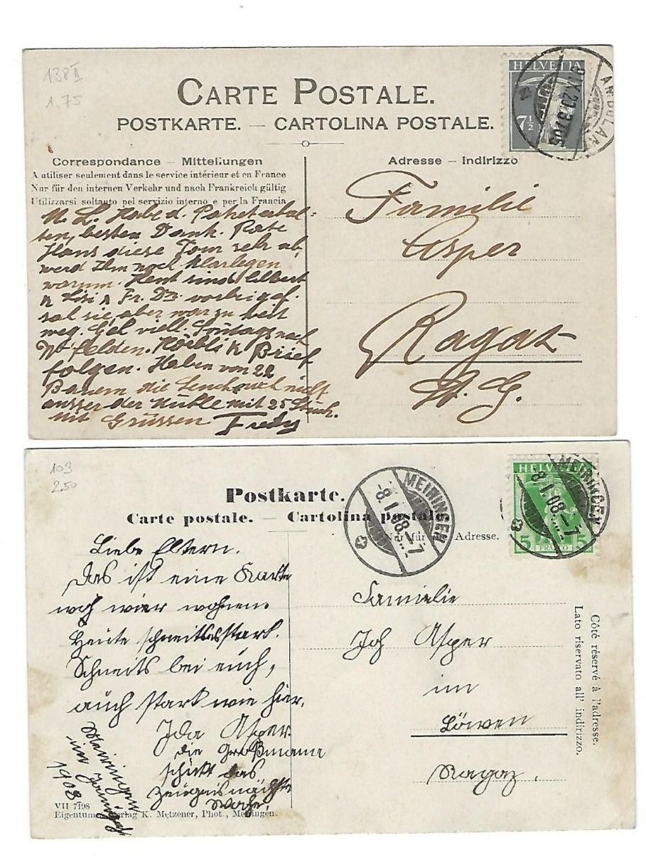 Cartoline postali: CH, 2 Ansichtskarten Meiringen, Ambulant 9.9.20, 8.1.1908 – Usato da Hinteregg venduto da McCharly01 1