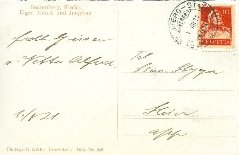 Cartoline postali: Beatenberg + 1921 – Usato da Emmenbrücke venduto da teestube 1