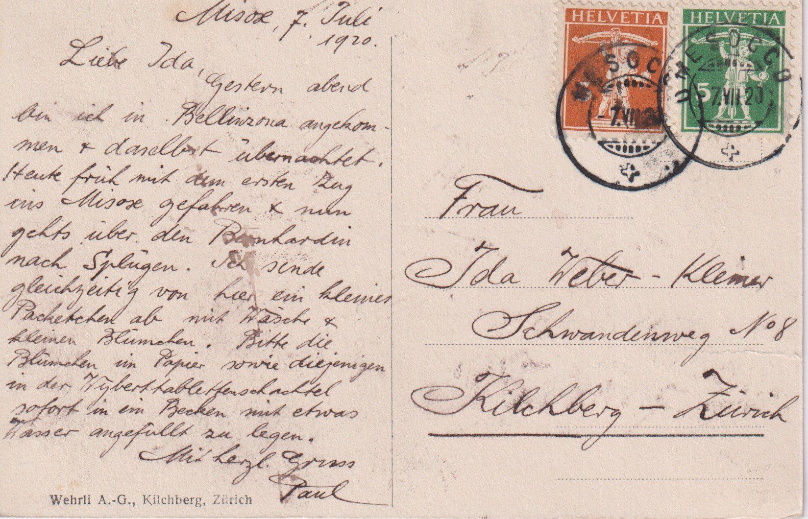 Cartoline postali: AK Mesocco - Panorama - 1920 – Usato da Riva San Vitale venduto da MAR-NAPO 1