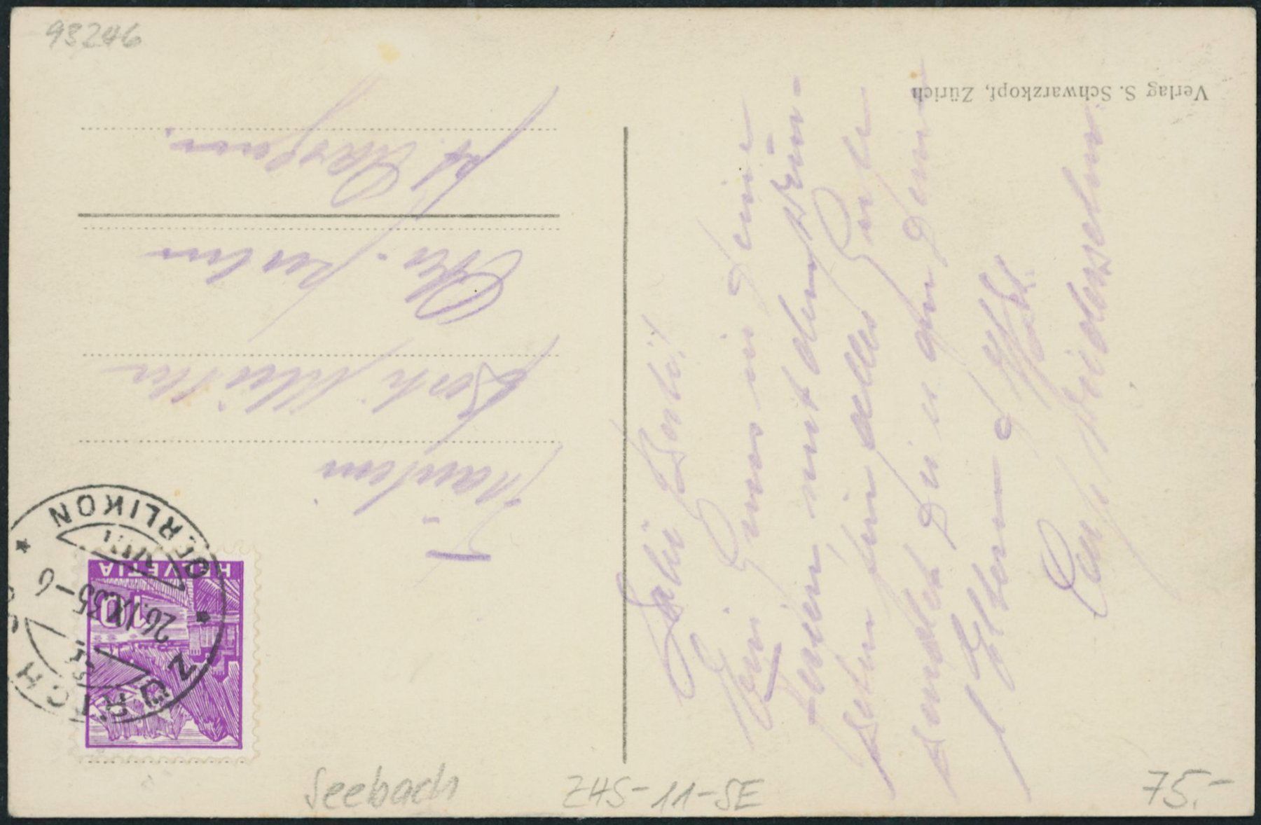 Cartoline postali: ZHS Seebach - Zürich – Usato da Schindellegi venduto da leecollect 1