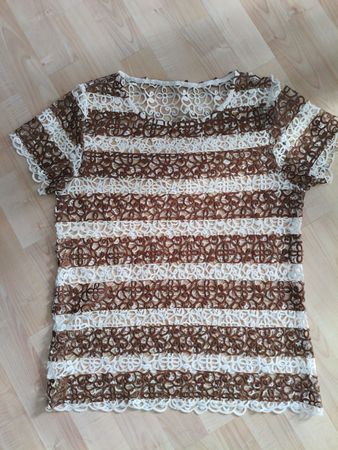 Damen Bluse Spitzenoptik braun weiss gestreift Grösse S