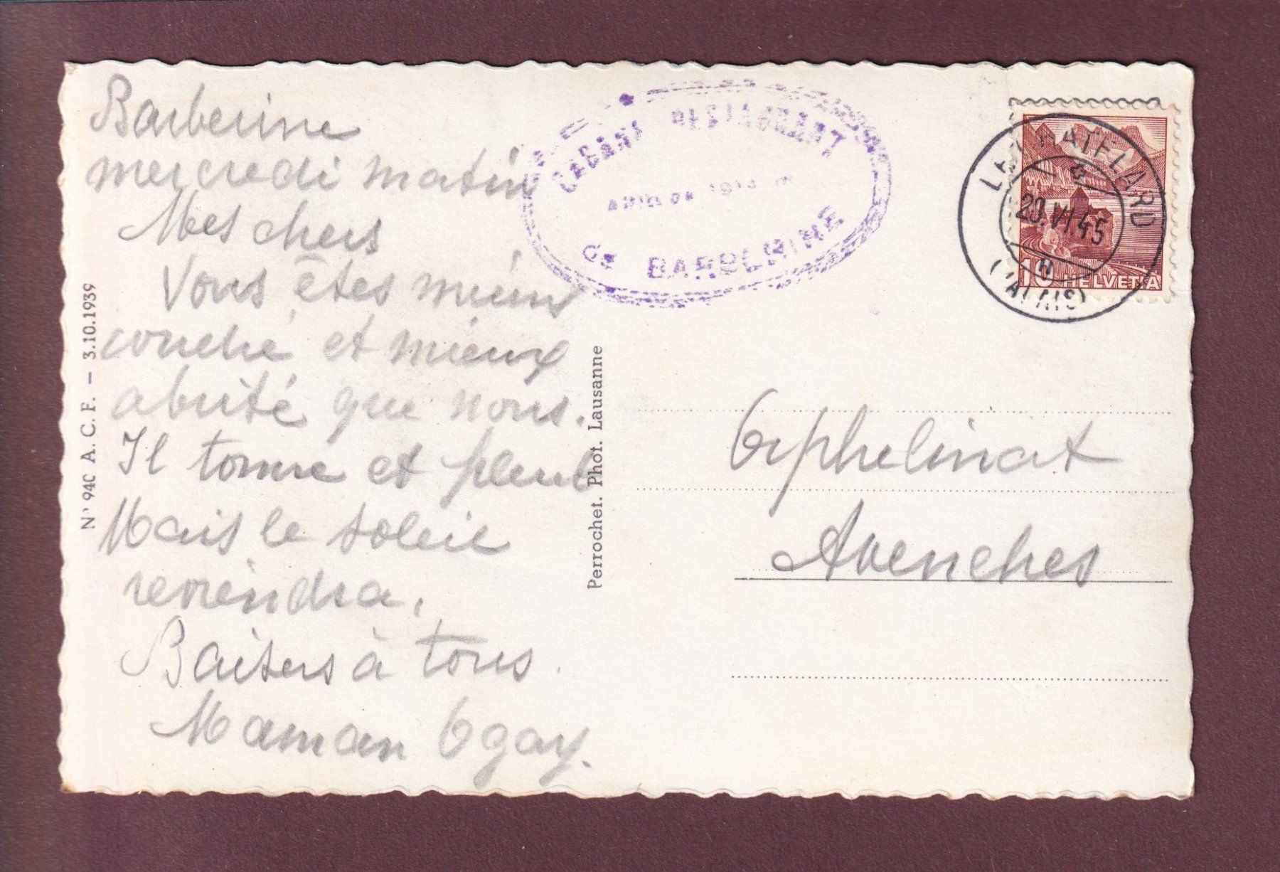 Ansichtskarten: BARBERINE - Lac - Les Perrons - 1945 – Gebraucht aus Pully von nicecards 1