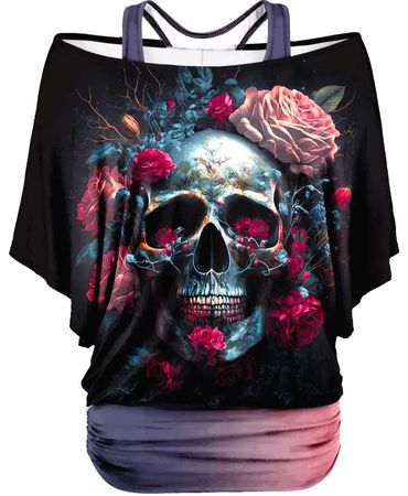 ☠️ Y2K Skull & Floral Cold-Shoulder Top – Dein Must-Have! ☠️