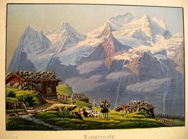Aquatinta von DICKEMANN, WENGERNALP, Eiger Mönch & Jungfrau
