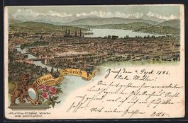 Litho Zürich, Blick auf die Stadt, Kart
