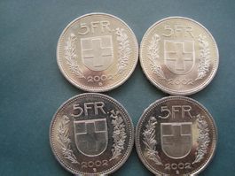5 Franken 2002 4 stk lot fast neu