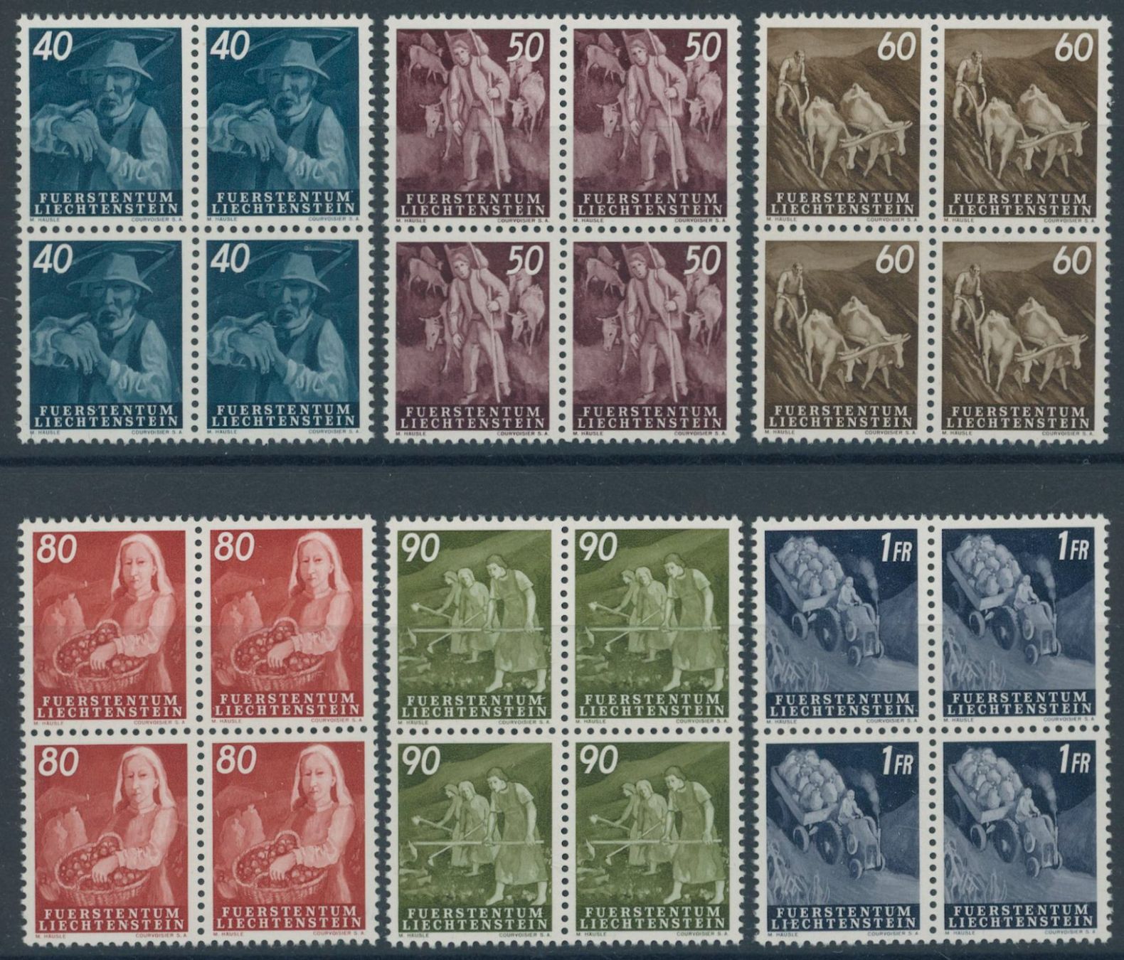 Tous les timbres: FL - 1951 - Landarbeit - Viererblock - postfrisch ** – Neuf (Voir description) à Schindellegi par leecollect