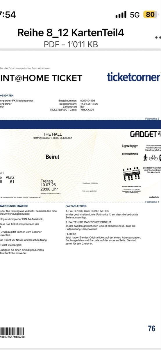 Biglietti: Ticket Beirut 10.07.26 Reihe 8 Platz 51 – Nuovo (secondo la descrizione) da Greifensee venduto da EGGCAR