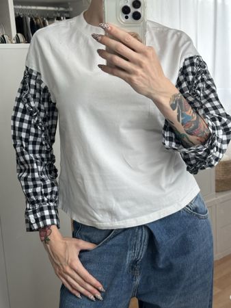 Damen Oberteil Weiss karierte Armel Grösse M