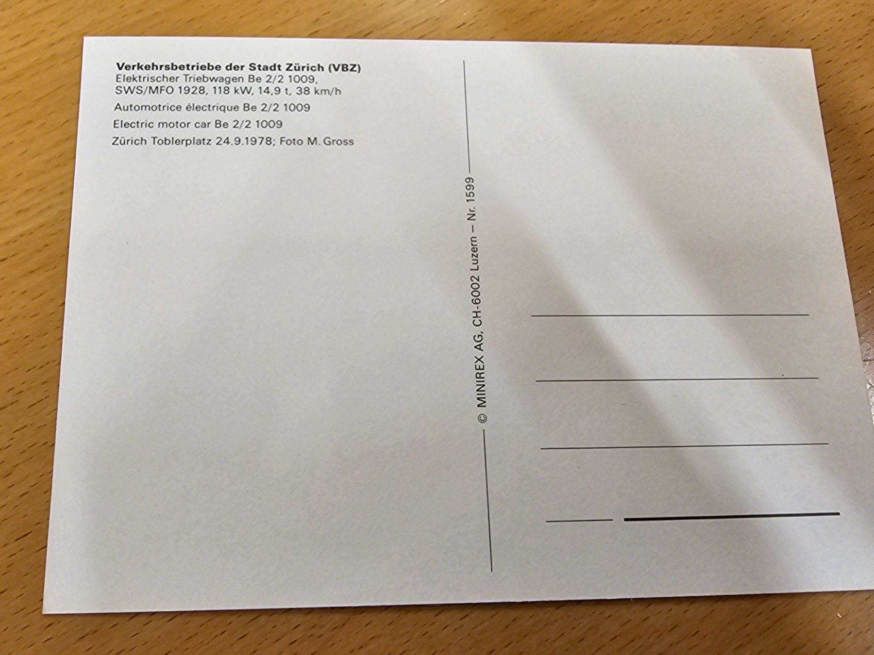 Cartoline postali: Postkarte VBZ Tram Triebwagen Be 2/2 1009 – Nuovo (secondo la descrizione) da Matten venduto da MEFEZ 1