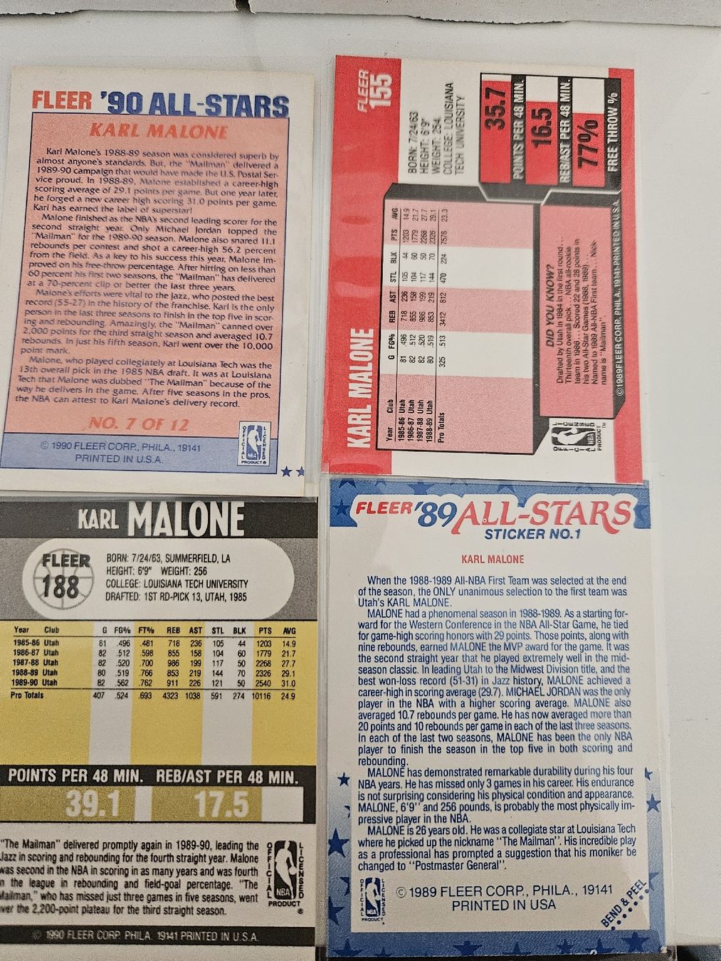 Nba Sammelbilder & Trading cards: 4x Karl Malone / 1989 1990 Fleer Nba mit Sticker – Gebraucht aus Oberdorf BL von BaldenEagle 1