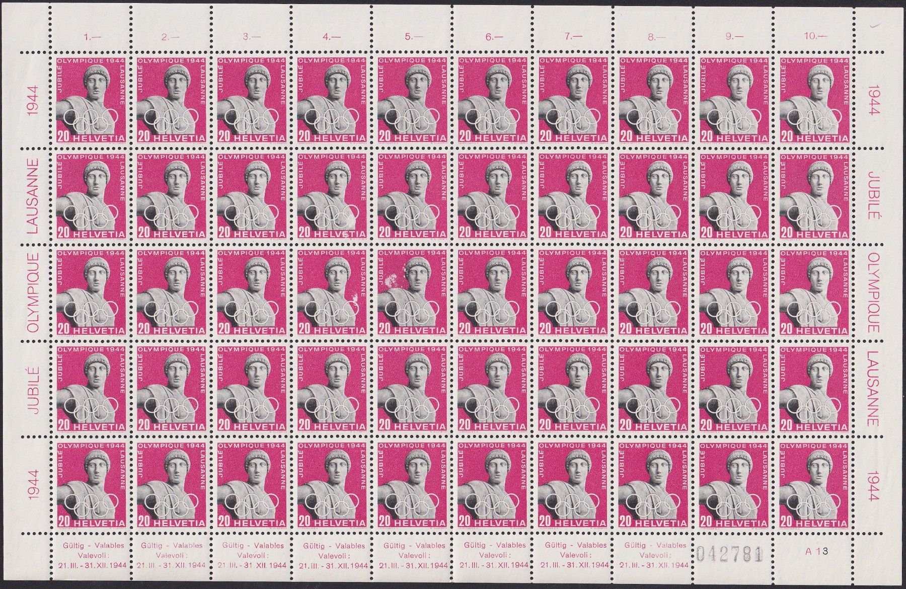 Tutti i francobolli: 1944, Nr.259-261 Bogen +diverse Plattenfehler!! **. 200.-+ – Usato da Sursee venduto da Luzernerraute 3