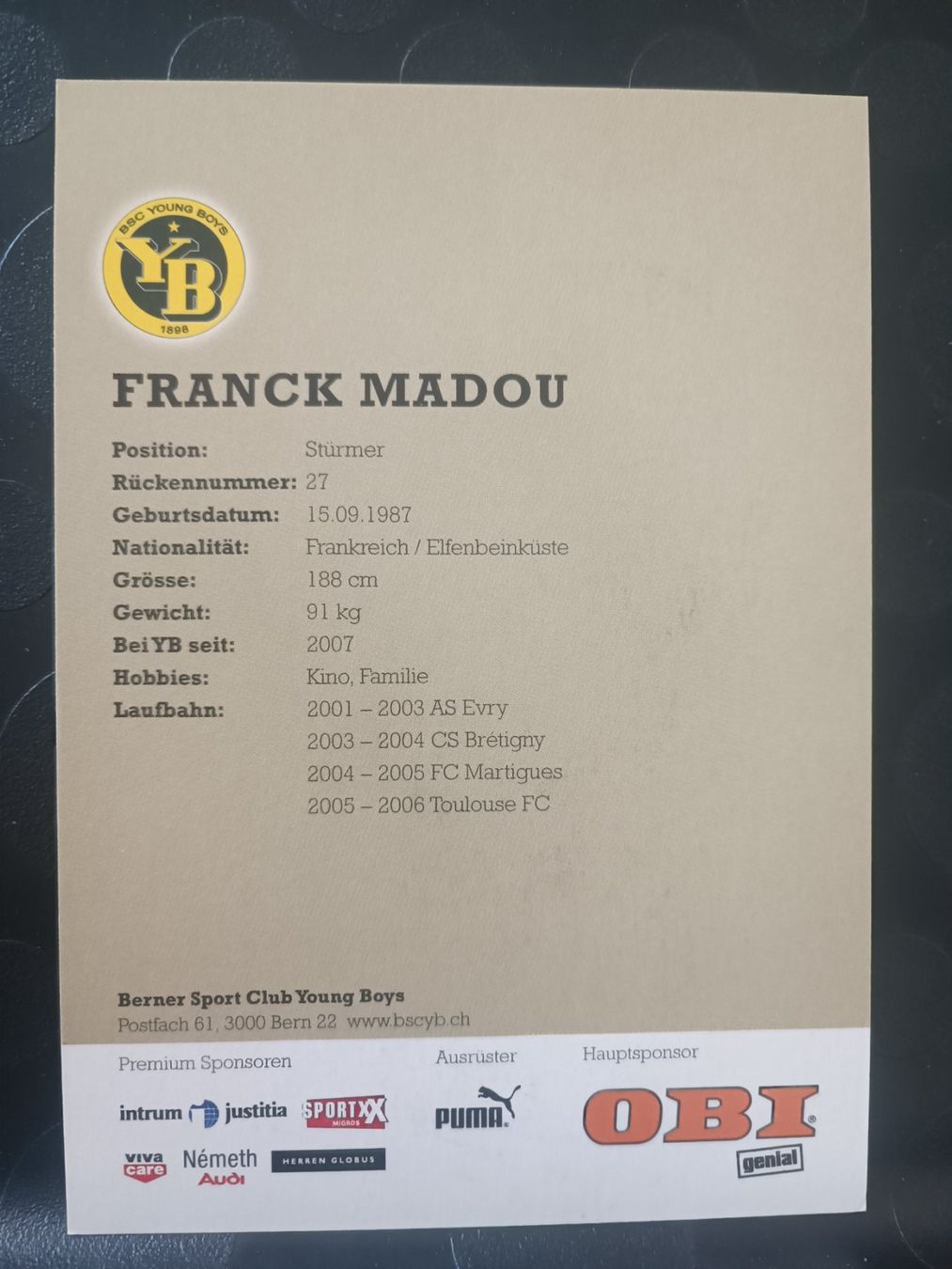 Autografi: Frank Madou - YB Bern - handsignierte Karte – Usato da Menziken venduto da Artographs 1